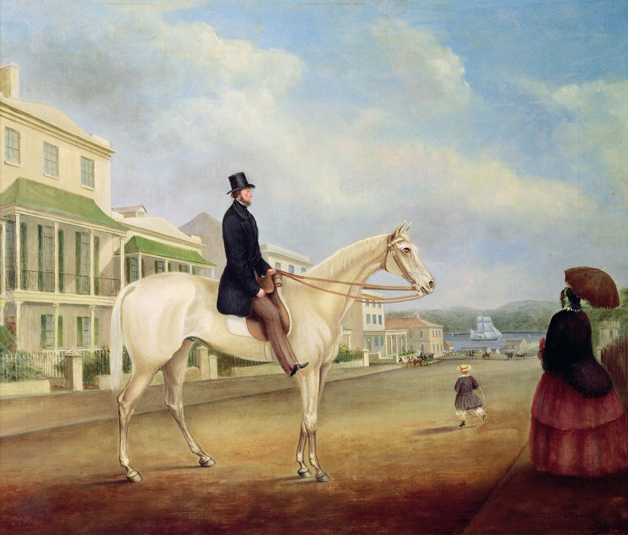 Jezdec na bílém koni, pravděpodobně v Macquarie Street North, asi 1850 od Joseph Fowles