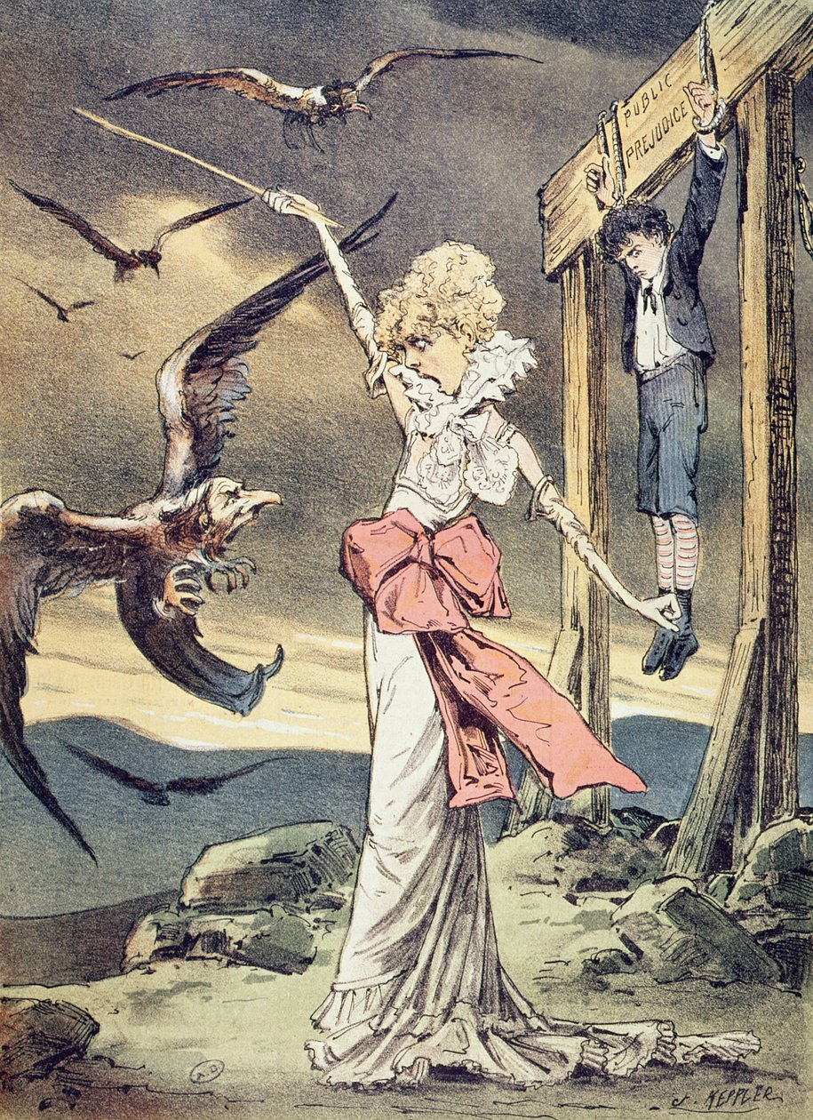 Karikatura Sarah Bernhardtové zobrazené jako starozákonní hrdinka Rizpa, která chrání svého syna před klerikálními supy katolické církve, ilustrace z časopisu "Puck", prosinec 1880 (barevné provedení). od Joseph Keppler