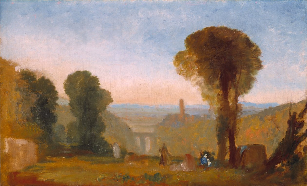 Italská krajina s mostem a věží od Joseph Mallord William Turner