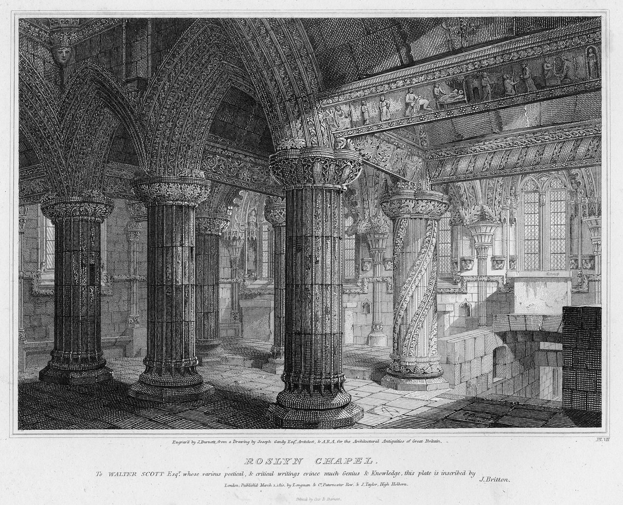Roslynská kaple, rytina J. Burnetta, 1810 od Joseph Michael Gandy