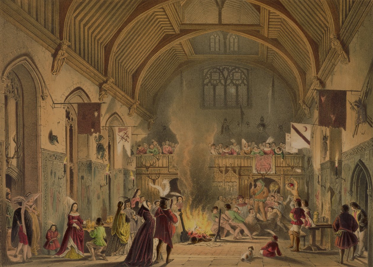 Banket v baronském sále, Penshurst Place, Kent, z „Architektura ve středověku“, 1838 od Joseph Nash