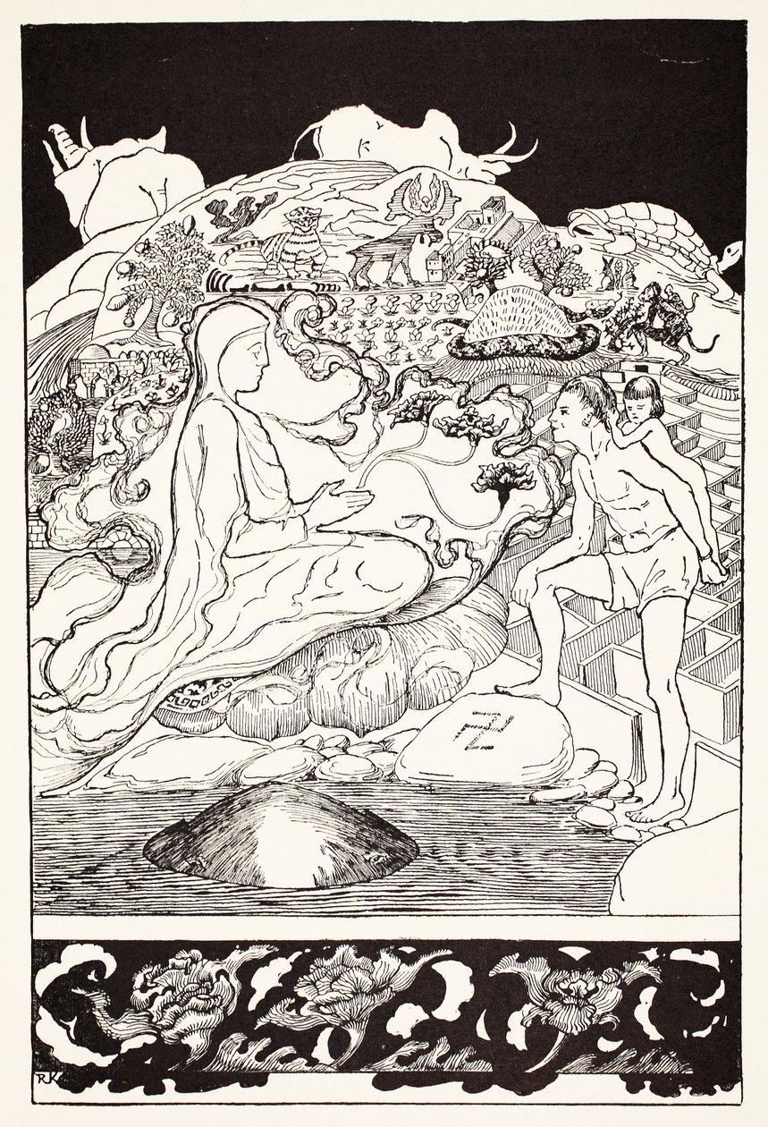 Krab Pau Amma utíká, zatímco nejstarší kouzelník mluví s mužem a jeho dcerkou, ilustrace z knihy Rudyarda Kiplinga "Příběhy pro malé děti", vyd. Londýn, 1 od Joseph Rudyard Kipling