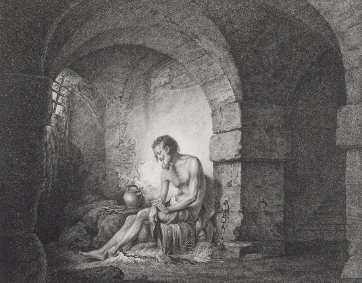 The Captive, vyryl Thomas Ryder (1746-1810) 1786 (tečková rytina) od Joseph Wright of Derby