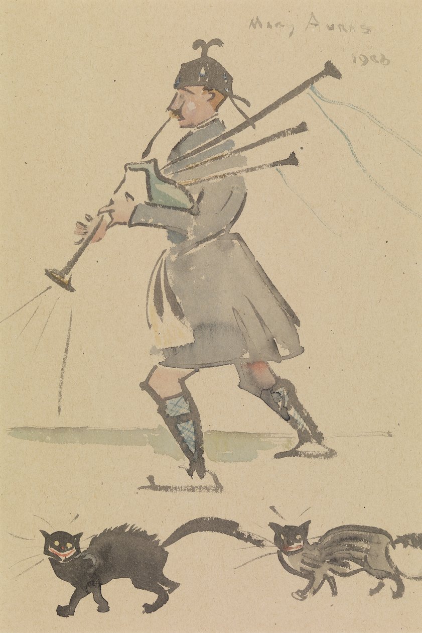 Highlander hrající na dudy od Joseph Crawhall