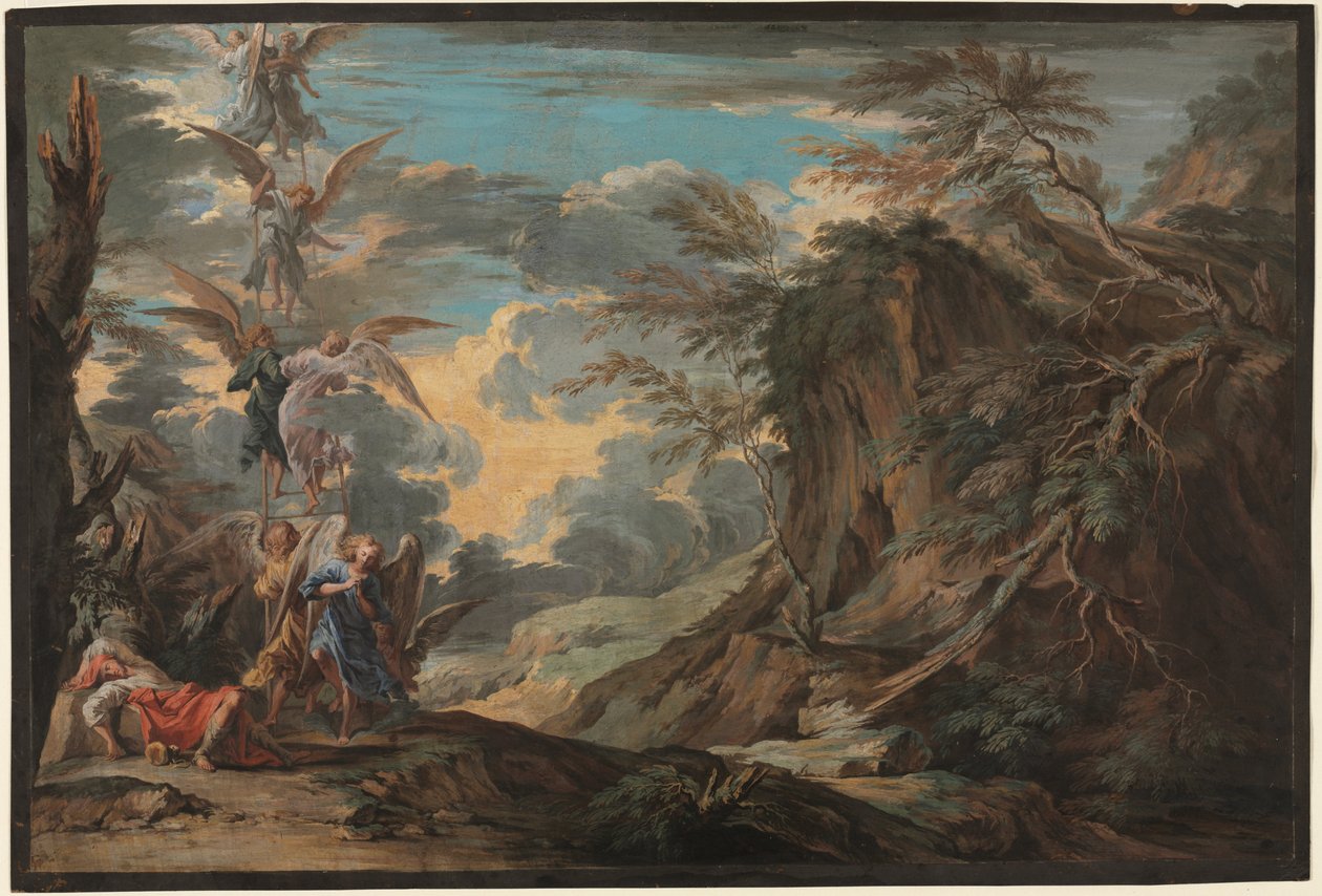 Jakubův sen, asi 1720 (kvaš na hnědé kůži) od Joseph Goupy