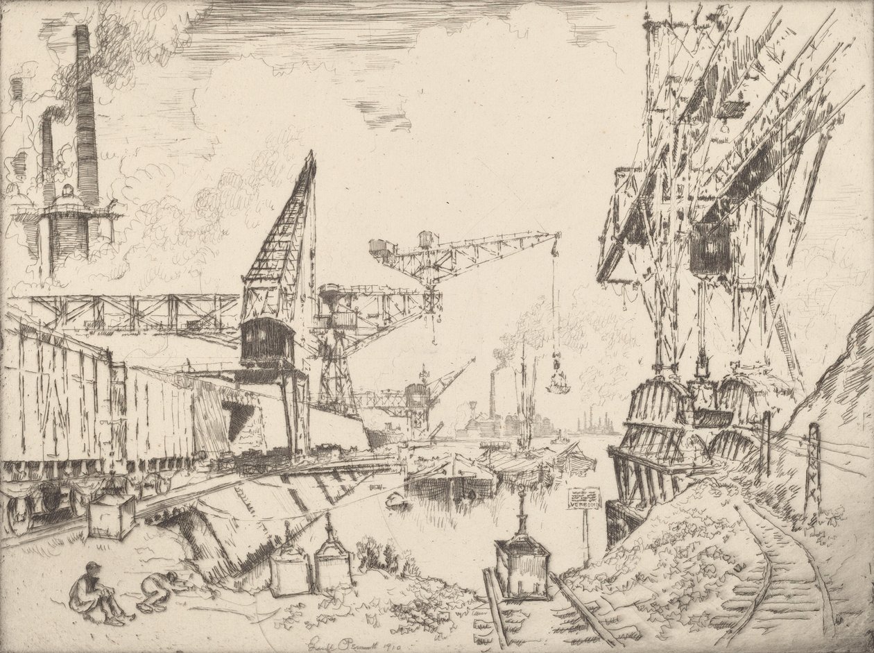 Jeřáby v Duisburgu, 1910. od Joseph Pennell