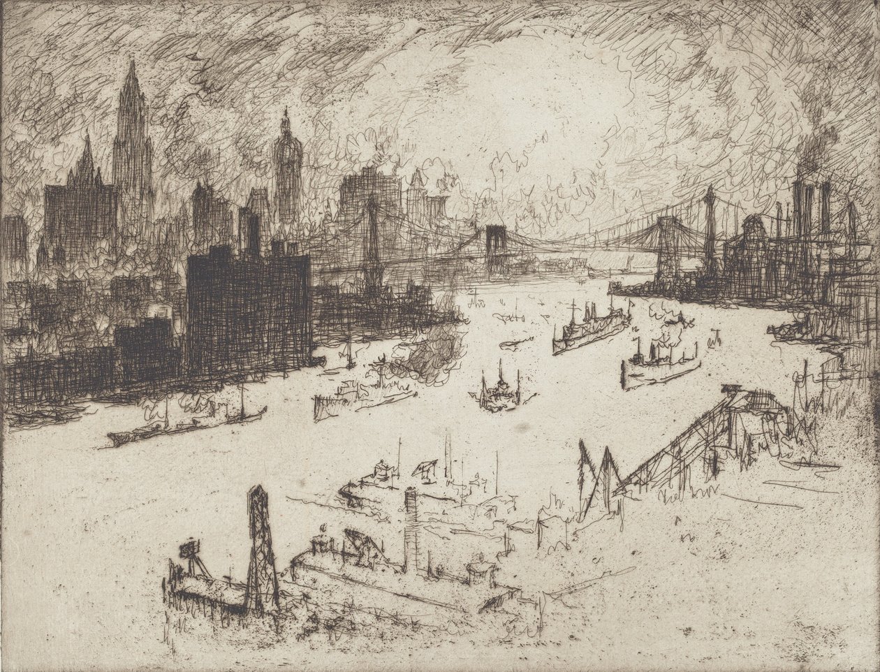 Západ slunce z Williamsburg Bridge, 1915. od Joseph Pennell