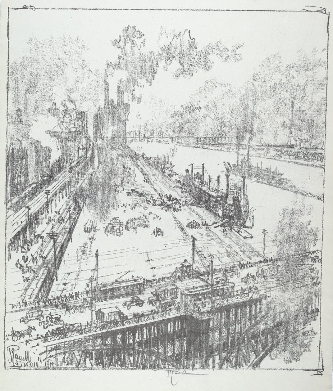 Levee z Eads Bridge, St. Louis od Joseph Pennell