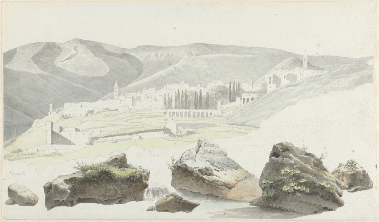 Krajina a panoráma města v Tivoli od Josephus Augustus Knip