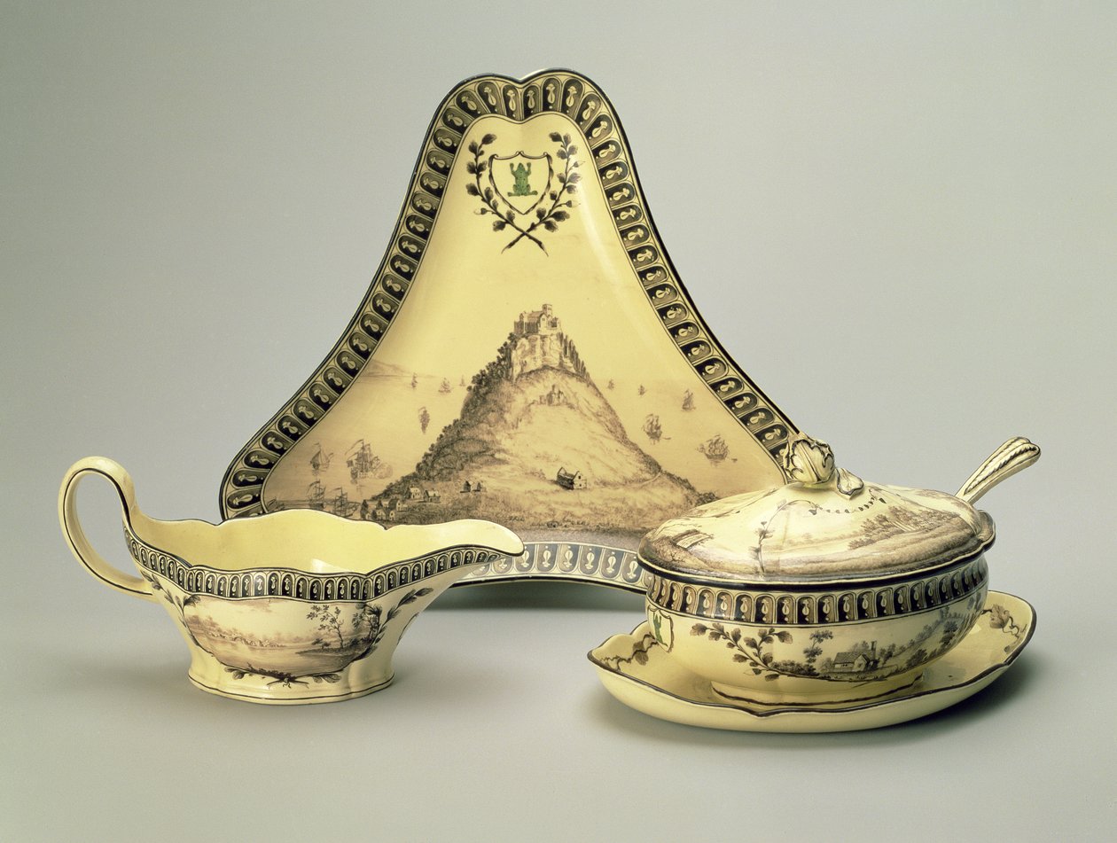Zakrytá miska a lžíce, trojúhelníková miska a omáčka, od služby „Green Frog“ pro továrnu Etruria, Staffordshire, 1773-74 (krémové nádobí) od Josiah Wedgwood
