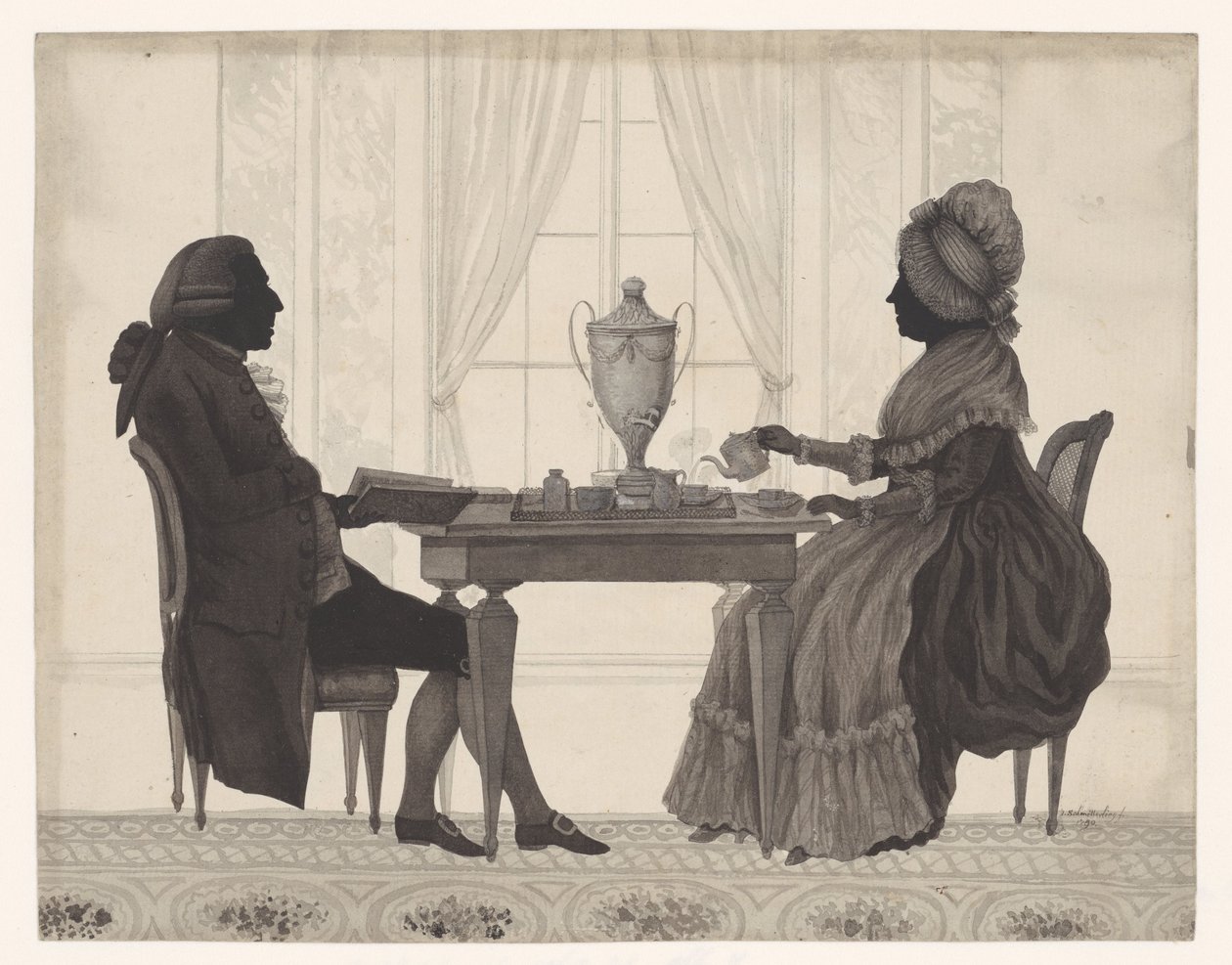 Siluety Louis Metayer (*1728) a Antoinette Bernard (*1735) u stolu od Jozef Adolf Schmetterling