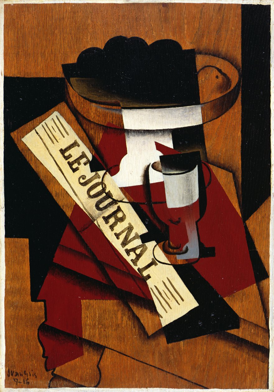 Ovocná mísa, sklo a noviny, 1916 od Juan Gris