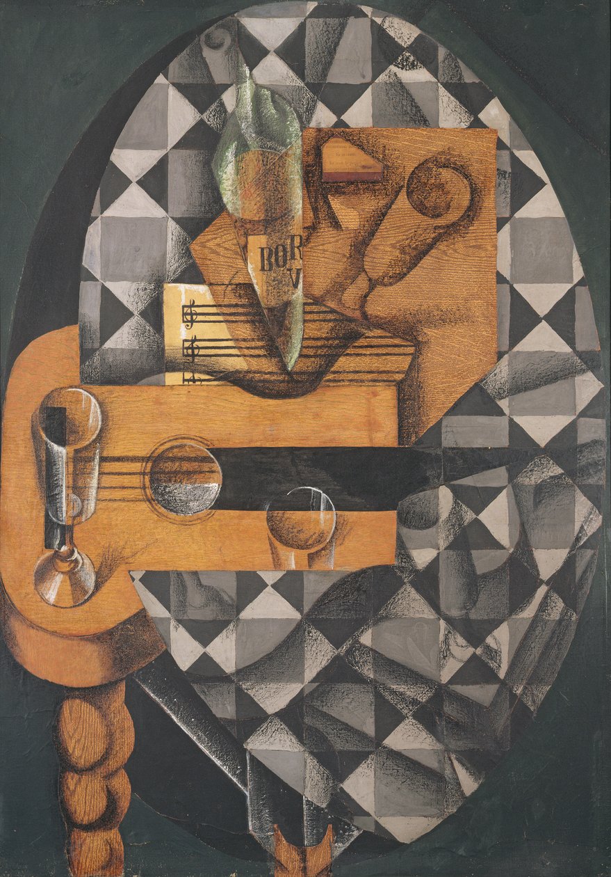 Kytara, láhev a sklo, 1914 (nalepené papíry, kvaš a pastelka na plátně) od Juan Gris