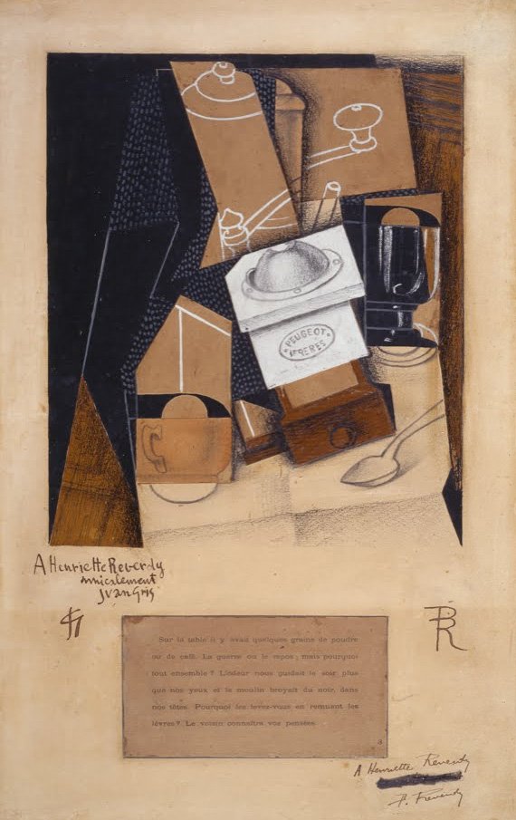 Mlýnek na kávu, šálek a sklo na stole od Juan Gris