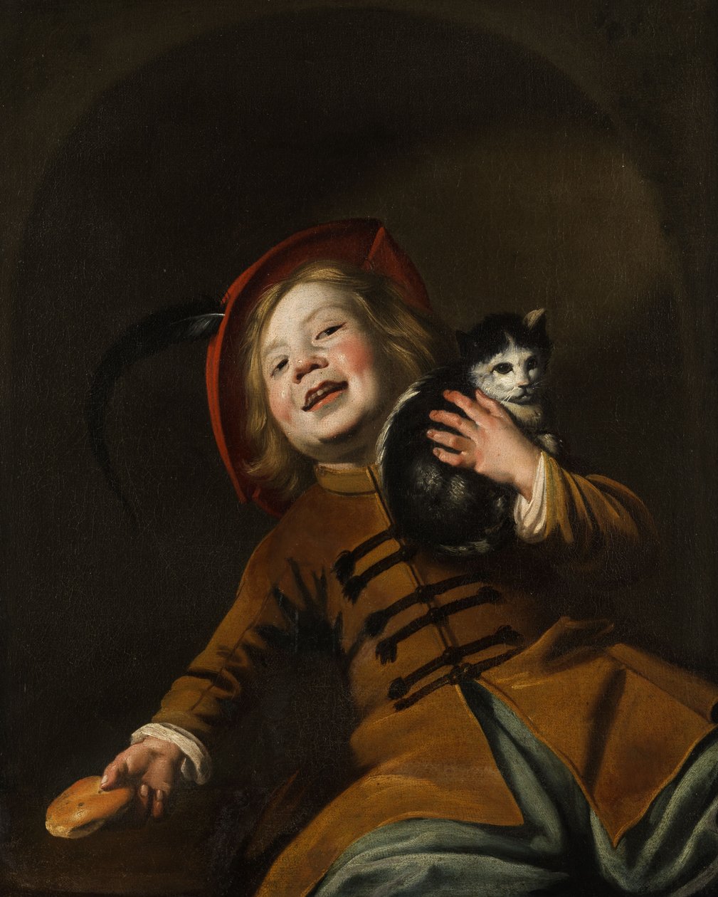 Portrét chlapce s kočkou, červeným kloboukem a kouskem chleba od Judith Leyster