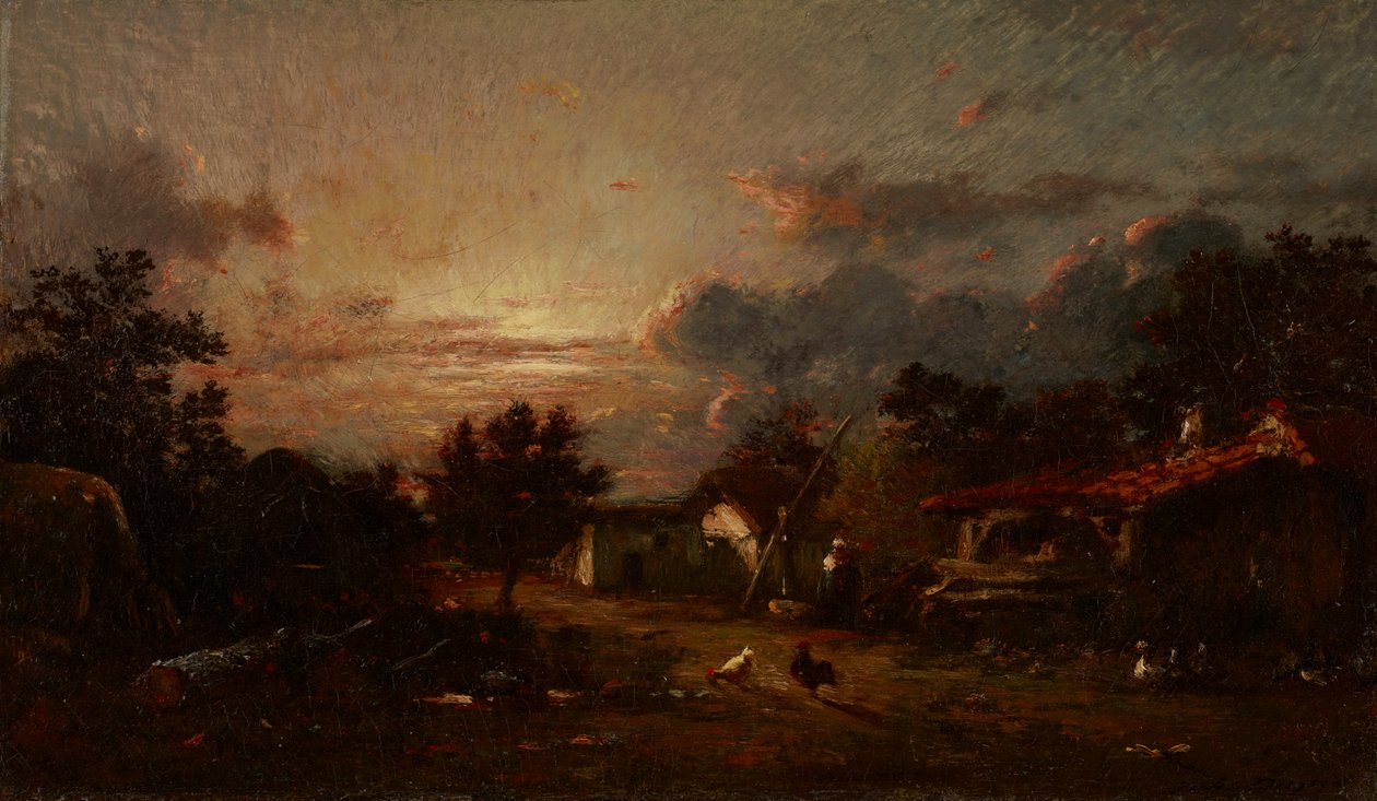 Vesnická scéna, západ slunce, kolem roku 1870 od Jules Dupré