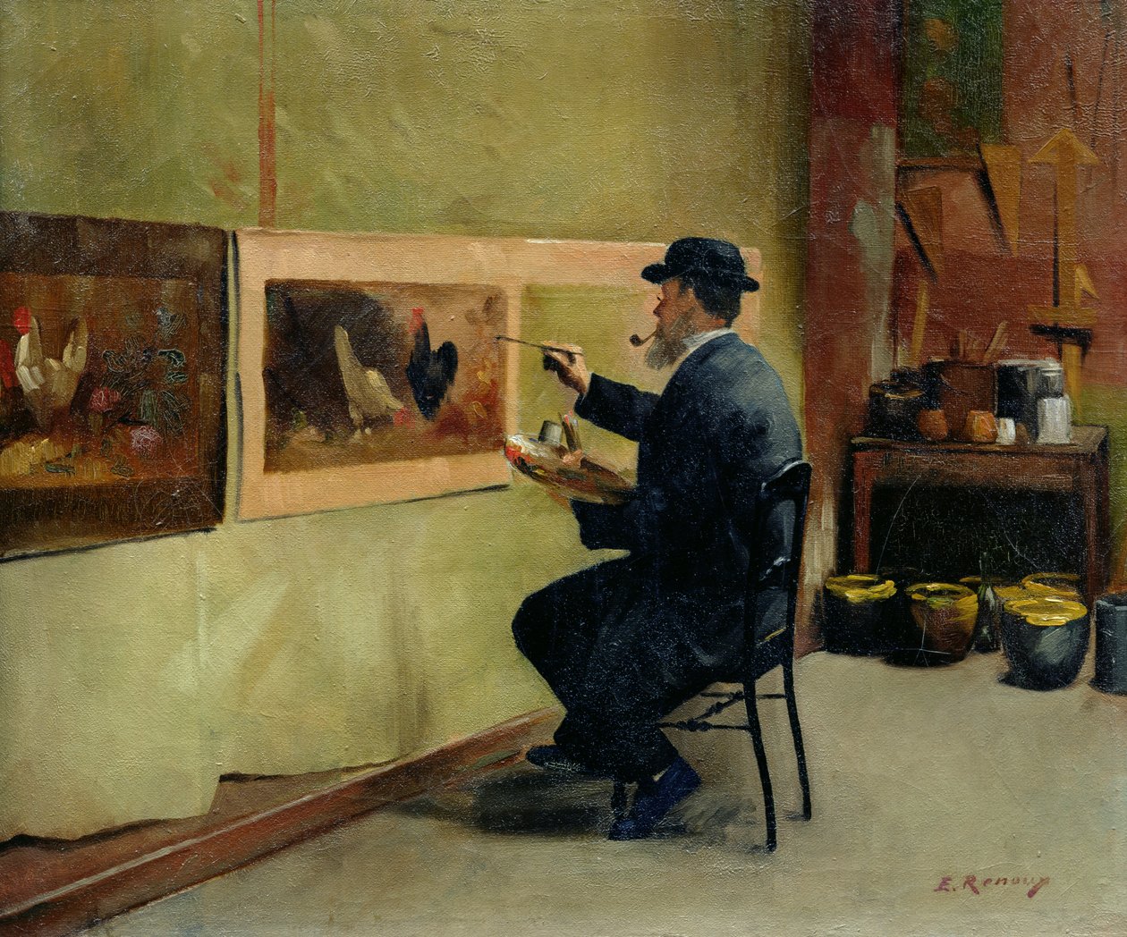 Charles Philippe Gevens, tchán umělce, maluje ve svém ateliéru 21, avenue d