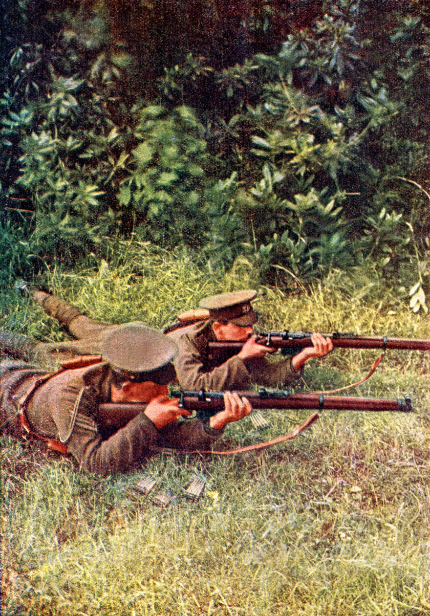 Britští střelci v akci proti bavorským dragounům během bitvy na Marně východně od Paříže, září 1914 (autochrom) od Jules Gervais Courtellemont