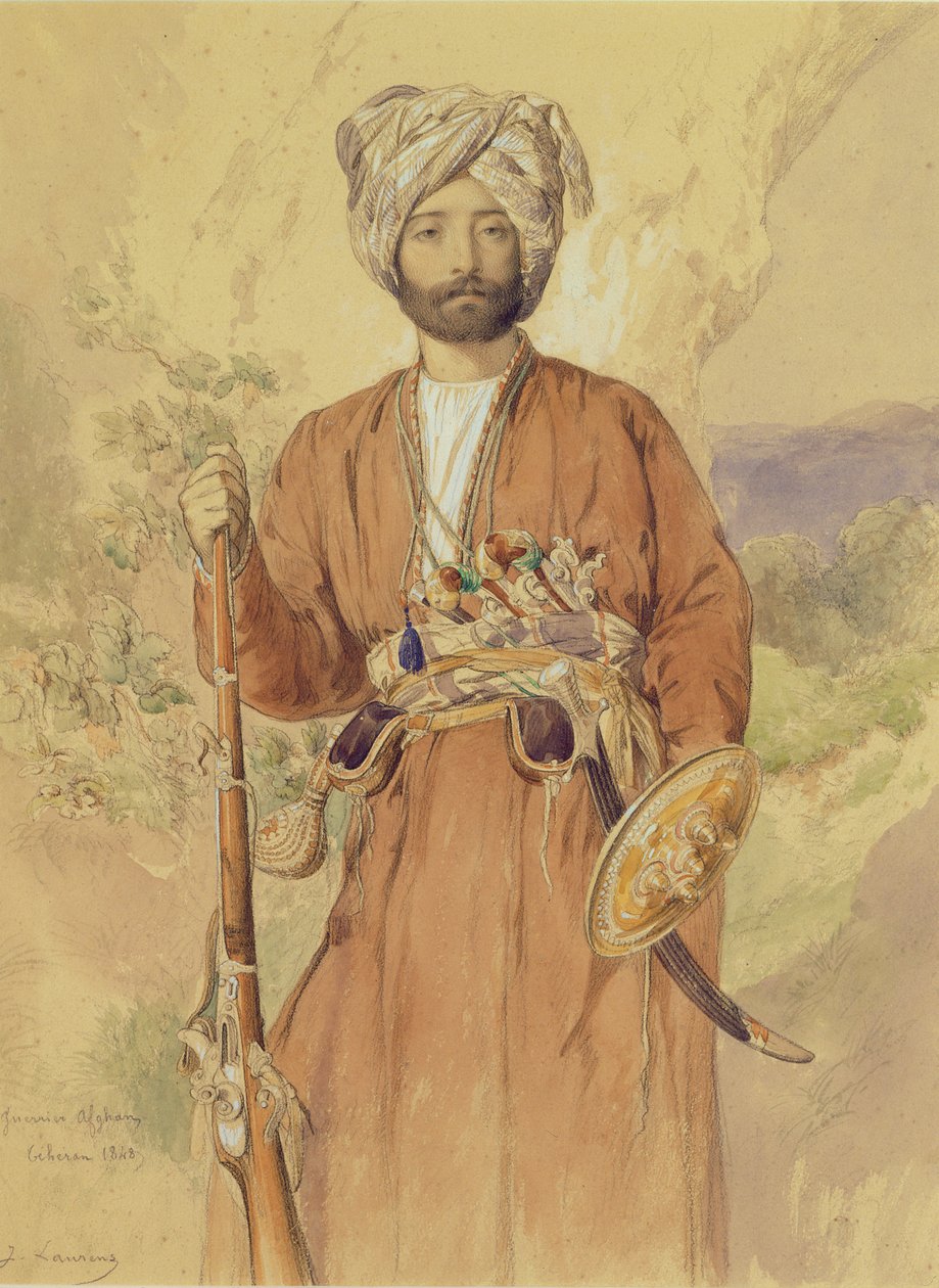 Studie afghánského válečníka, Teherán, 1848 (tužka, wc a tělová barva na papíře) od Jules Joseph Augustin Laurens