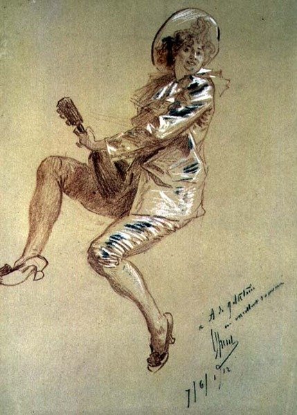 Sedící Pierrette, hrající na mandolínu od Jules Cheret