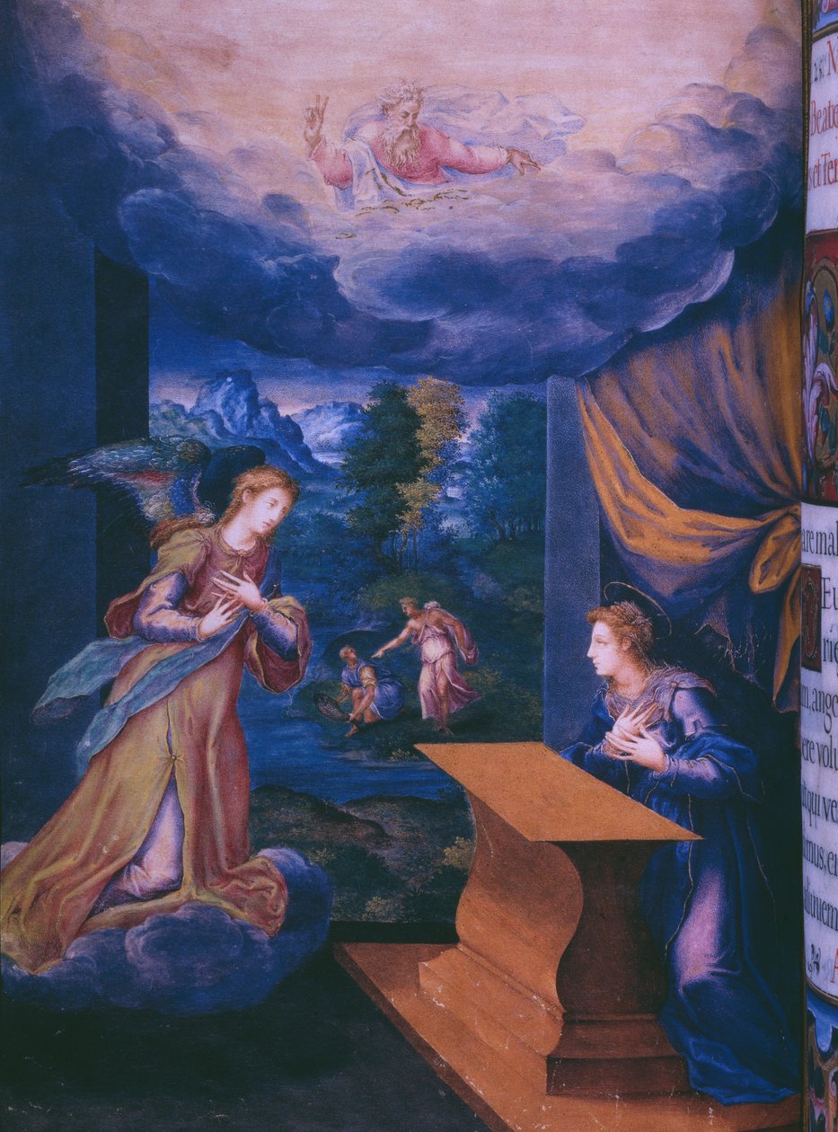 Fol.5v, Zvěstování, z faksimile breviáře španělského krále Filipa II., 1569 (pergamen) od Julian and Leon, Andres de Fuente del Saz