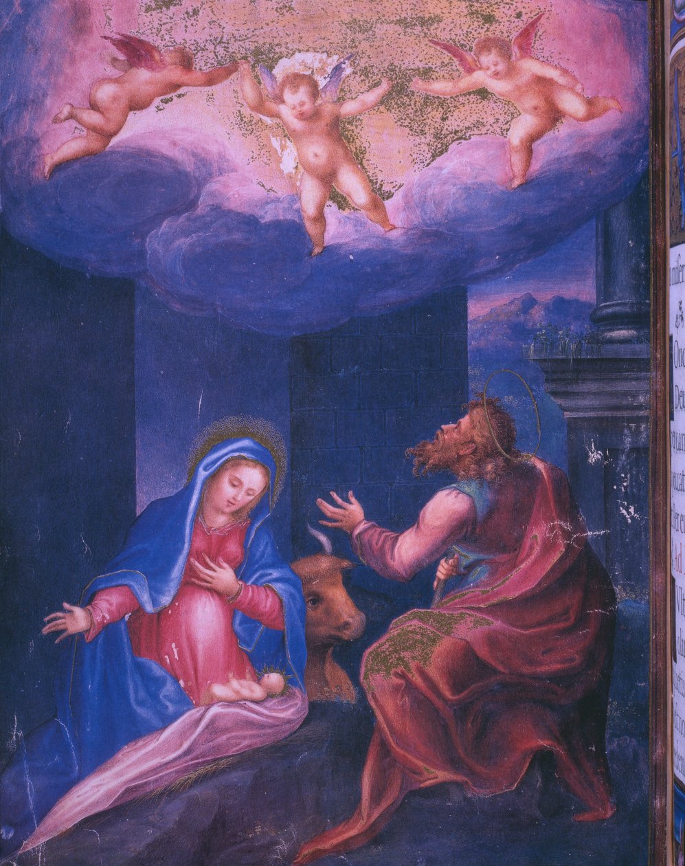 Narození Páně, z faksimile breviáře španělského krále Filipa II., 1569 (pergamen) od Julian and Leon, Andres de Fuente del Saz