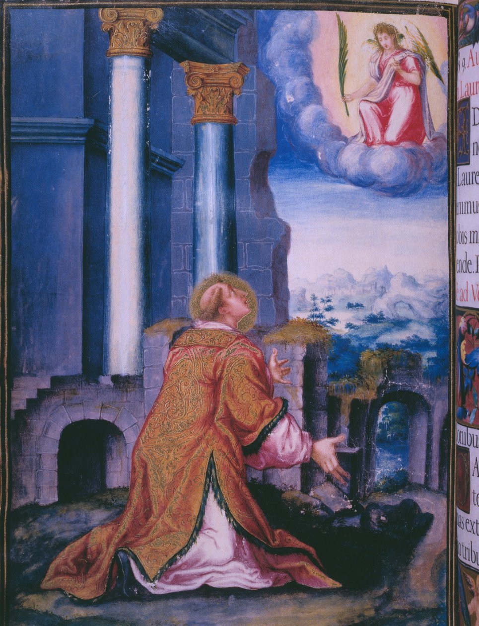 Sv. Vavřince, kterému byl zasvěcen klášter Escorial, z faksimile breviáře španělského krále Filipa II., 1569 (pergamen) od Julian and Leon, Andres de Fuente del Saz