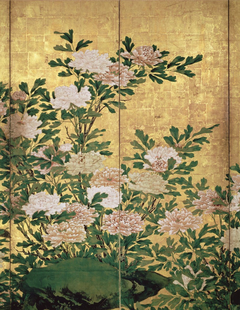 Detail květinového inkoustu, barev a zlata na papíře od Kaiho Yusho