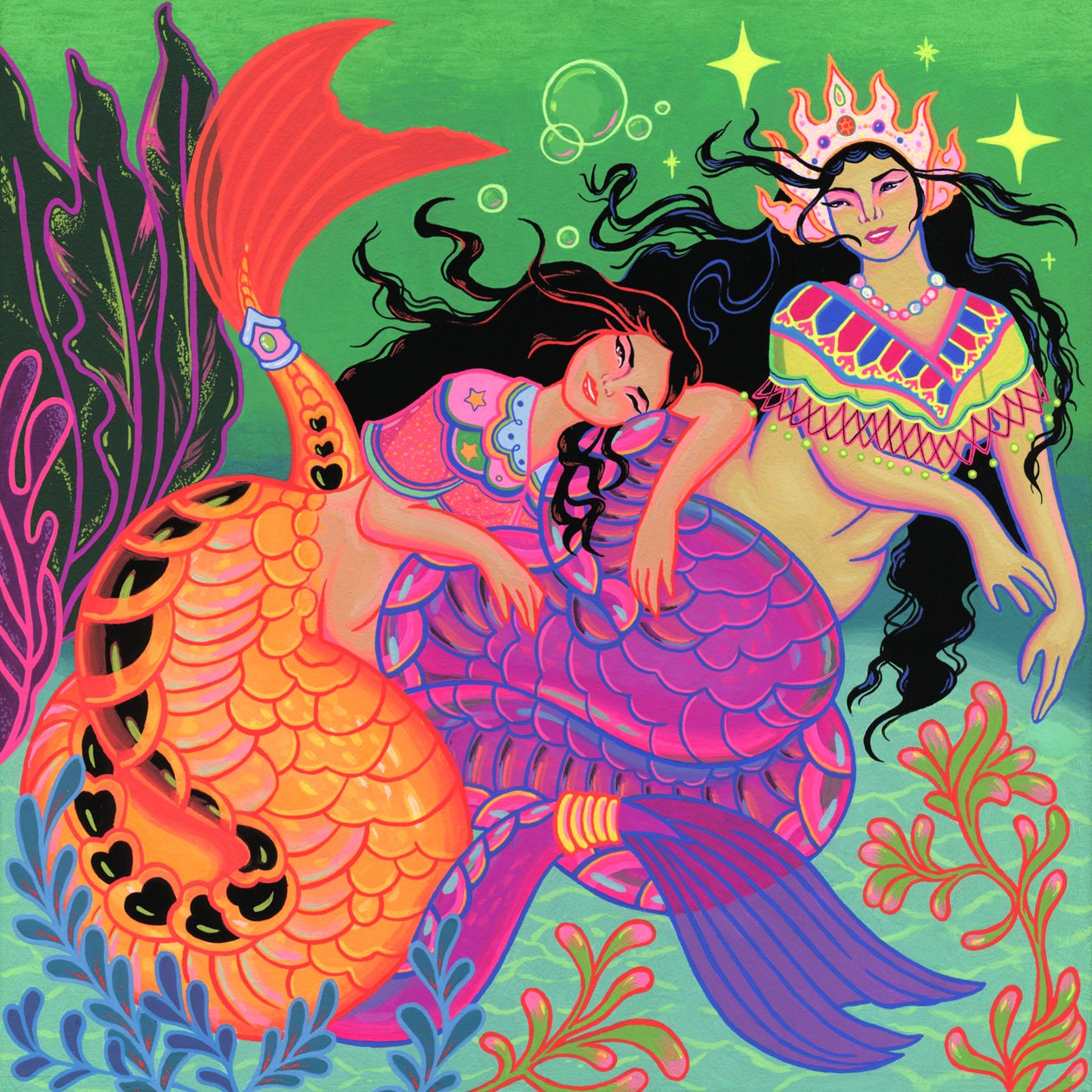Sapphic Mermaids, 2020 (akryl na panelu) od Kam Tsz