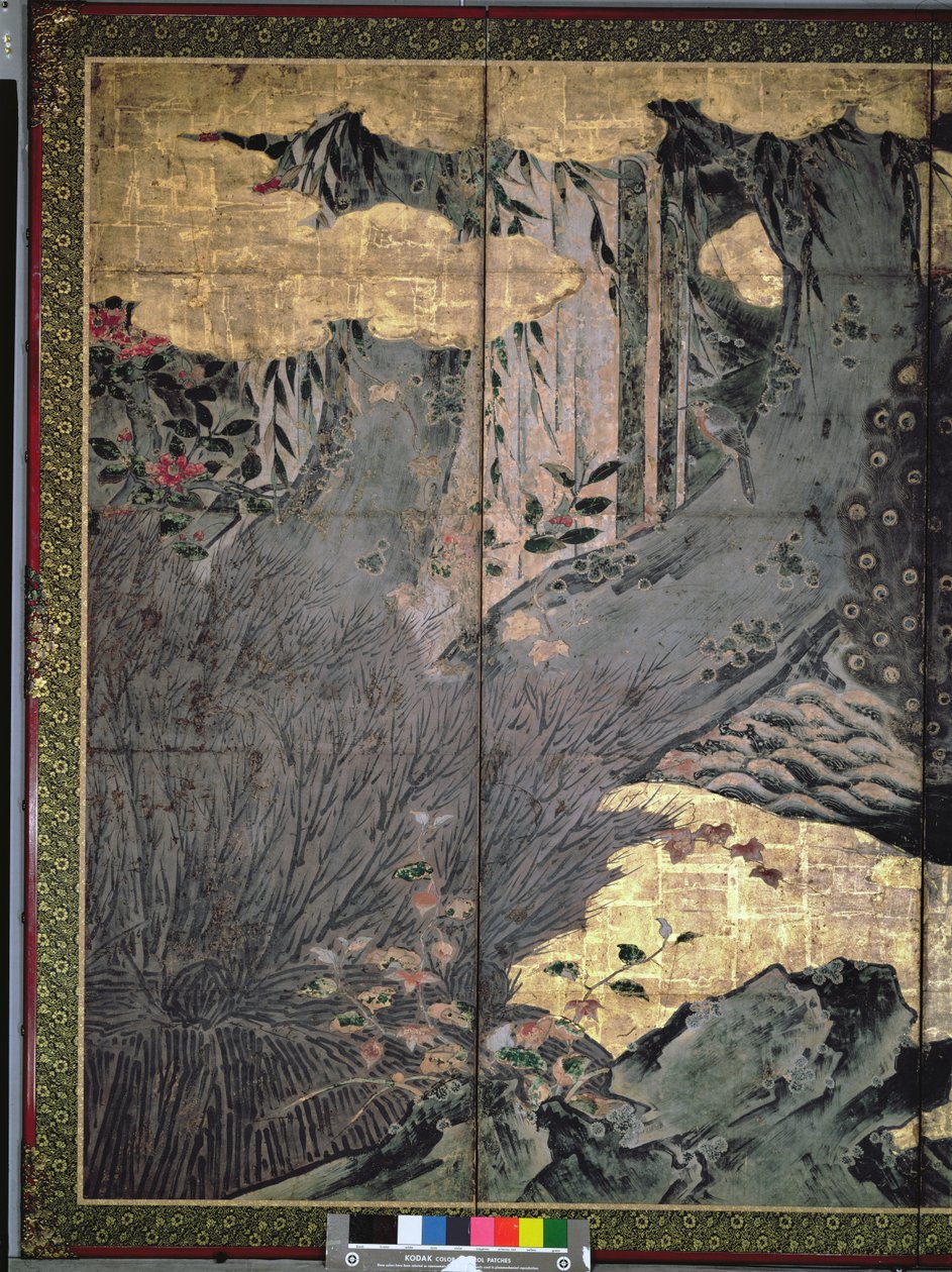 Ptáci a květiny čtyř ročních období (pero a inkoust, barva, zlatý papír na panelu) (viz 216552, 216553) od Kano Soshu