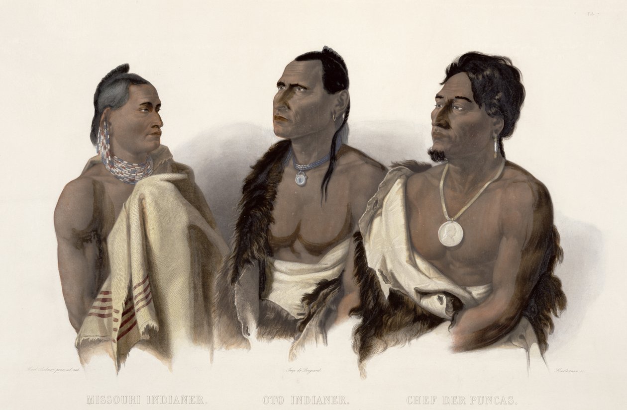 Indián z Missouri, Indián Oto a náčelník Punků, deska 7 z „Cesty ve vnitrozemí Severní Ameriky“, vyryl J. Hurlimann, 1844 (akvatinta) od Karl Bodmer