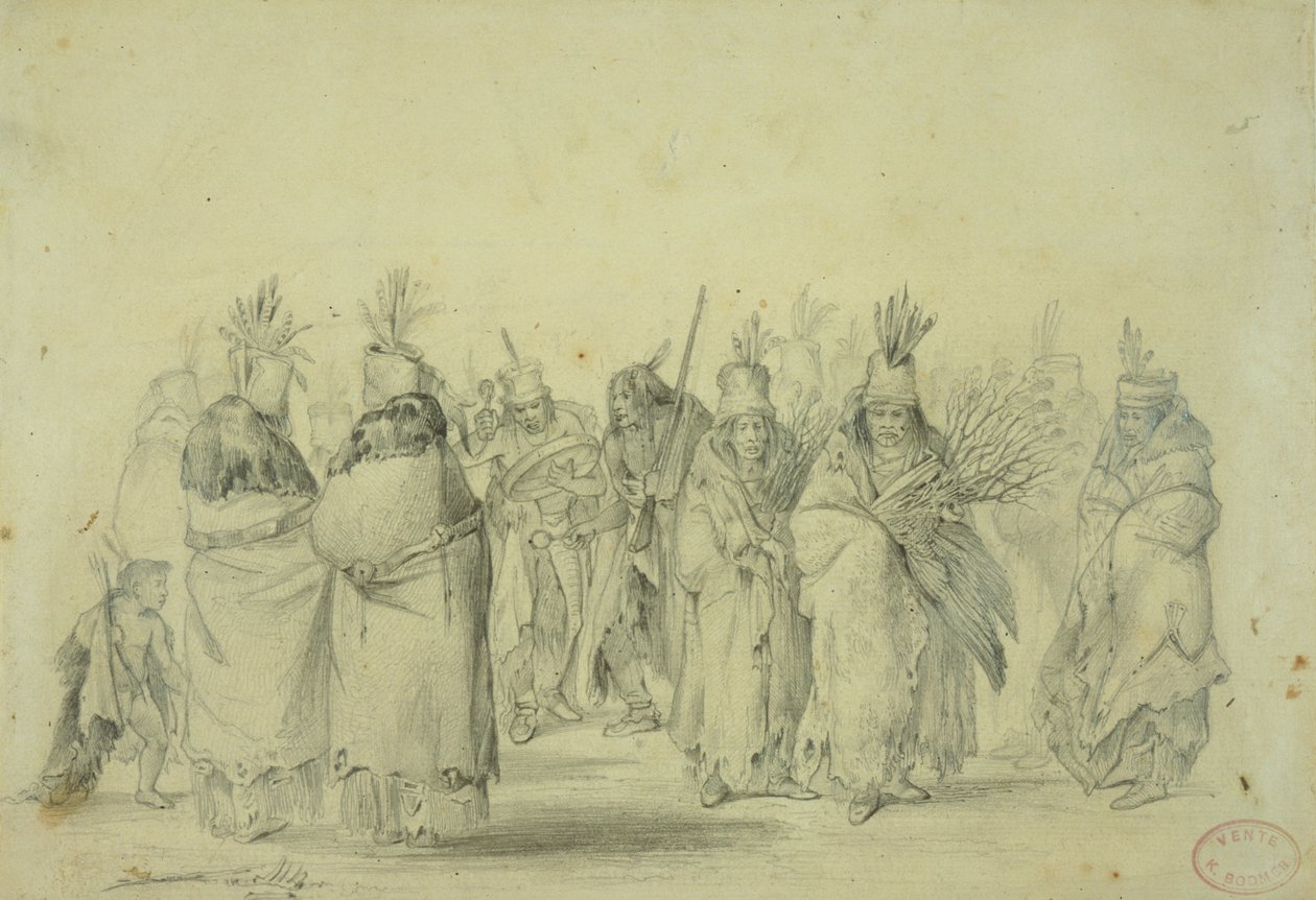 Tanec mandanských žen, asi 1833-43 (tužka, pero a čb na papíře) od Karl Bodmer