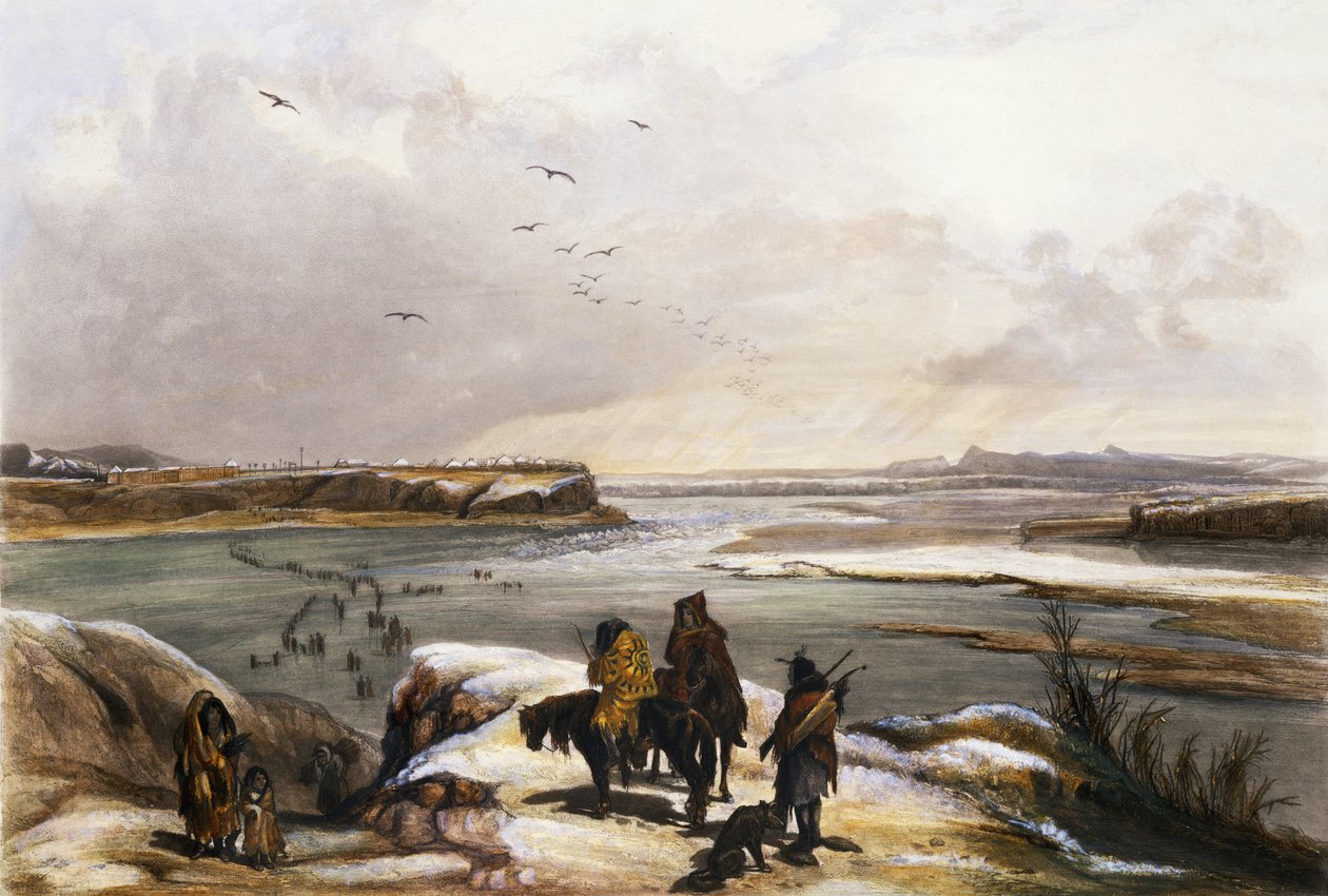 Fort Clark na Missouri, únor 1834, deska 15 ze svazku 2 „Cesty ve vnitrozemí Severní Ameriky“, vyryl Lucas Weber, 1844 (akvatinta) od Karl Bodmer