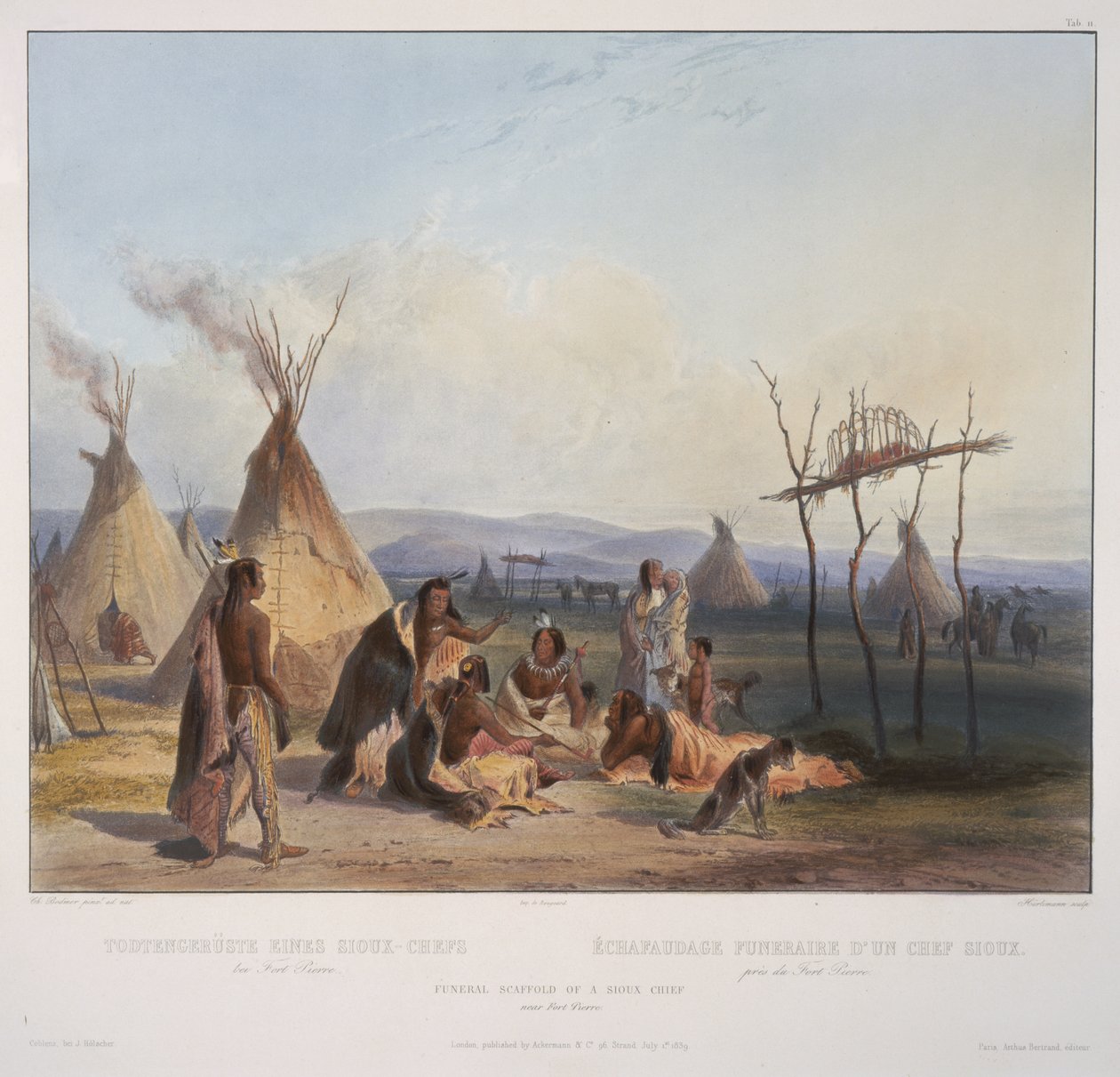 Pohřební lešení náčelníka Siouxů u Fort Pierre, rytina J. Hurlimana, vydaná v roce 1839 (akvatinta) od Karl Bodmer