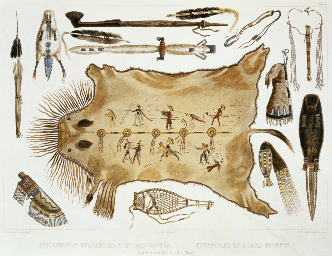 Indian Utensils and Arms, deska 21 ze svazku 2 „Cesty ve vnitrozemí Severní Ameriky“, vyryto A. Zschokkem a J. Hurlimannem, 1844 (akvatinta) od Karl Bodmer