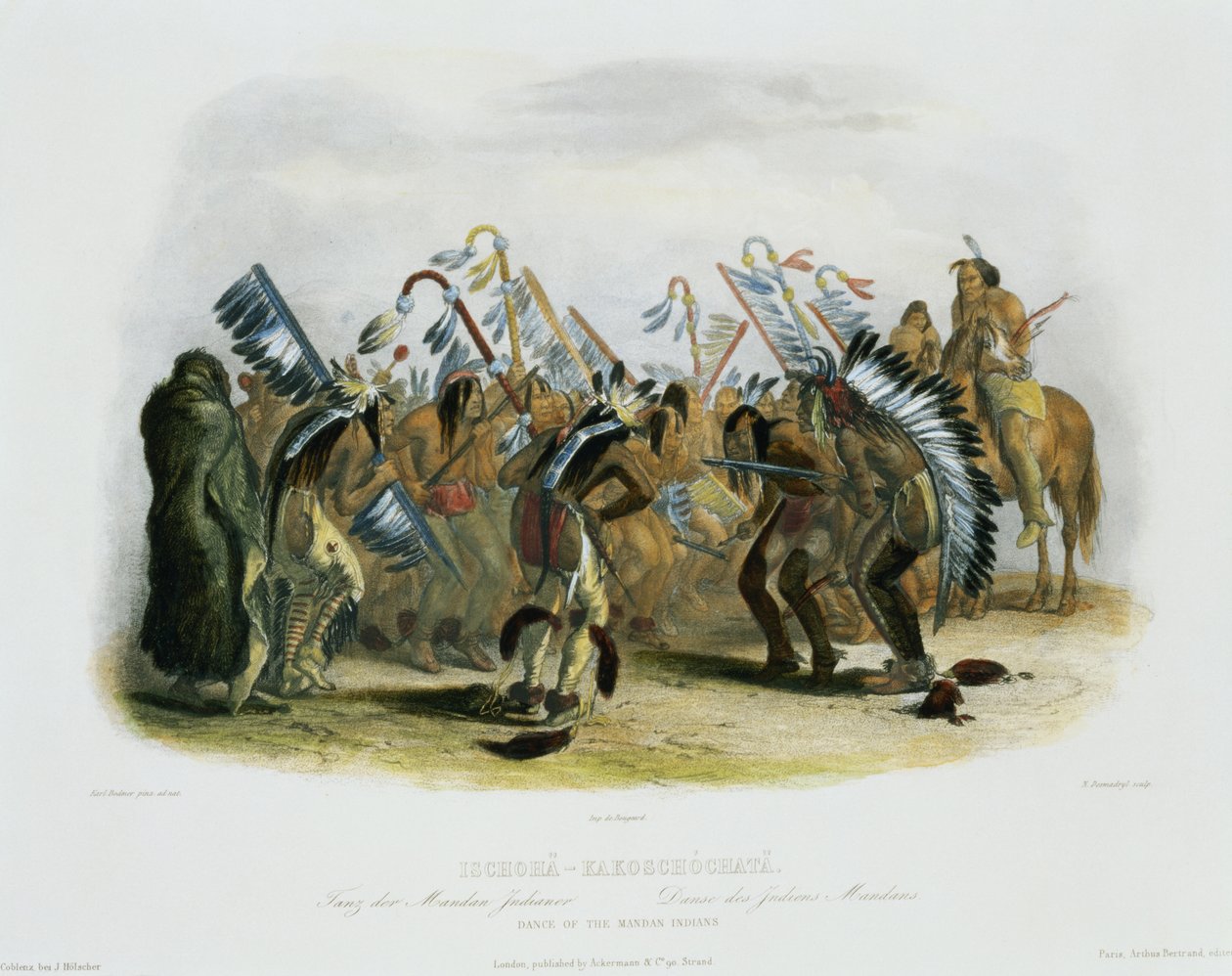 Ischoha-Kakoschochata, Tanec indiánů Mandanů, deska 25 ze svazku 1 „Cesty ve vnitrozemí Severní Ameriky“, vyryl Narcisse Desmadryl, 1843 (akvatinta) od Karl Bodmer