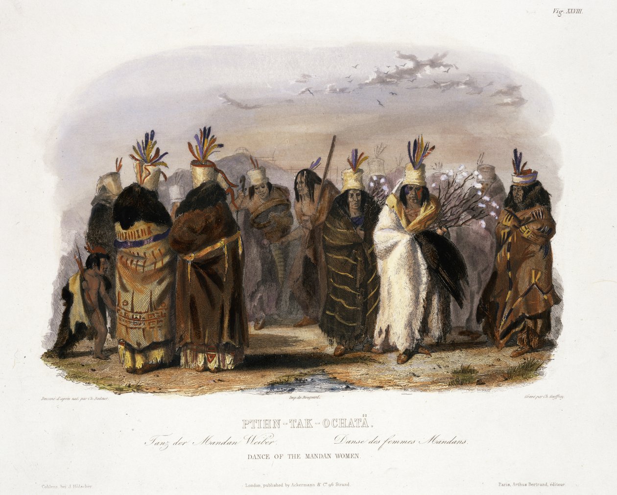 Ptihn-Tak-Ochata, Tanec žen Mandan, deska 28 ze svazku 1 „Cesty ve vnitrozemí Severní Ameriky“, vyryl Charles Geoffroy (1819-82) 1843 (akvatinta) od Karl Bodmer