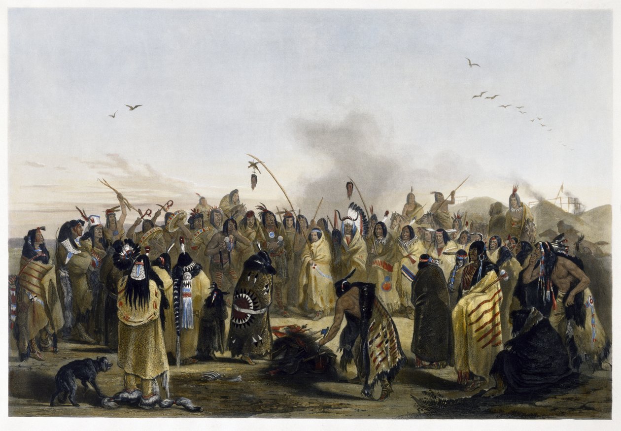 Skalpový tanec Minitarres, 1843-1844 (akvatinta) od Karl Bodmer