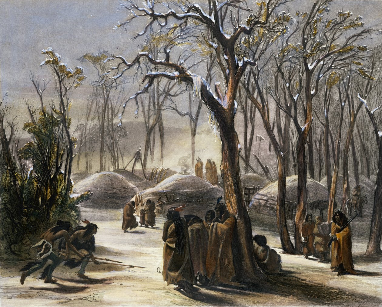 Winter Village of the Minatarres, deska 26 ze svazku 2 „Cesty ve vnitrozemí Severní Ameriky“, vyryla Narcisse Desmadryl, 1844 (akvatinta) od Karl Bodmer
