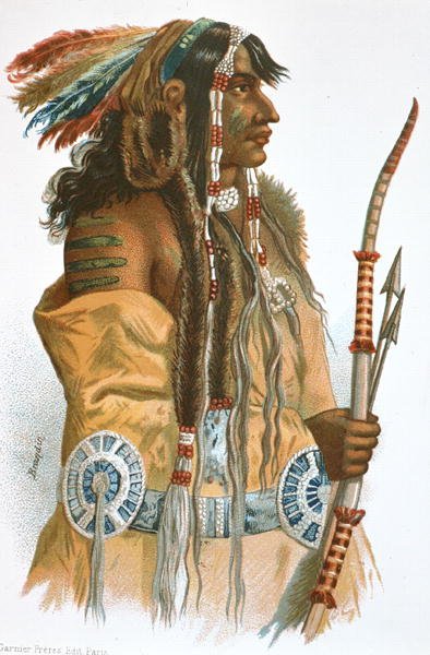 Indián Mandan, kolem 1833-34 (barevné lito) od Karl (after) Bodmer