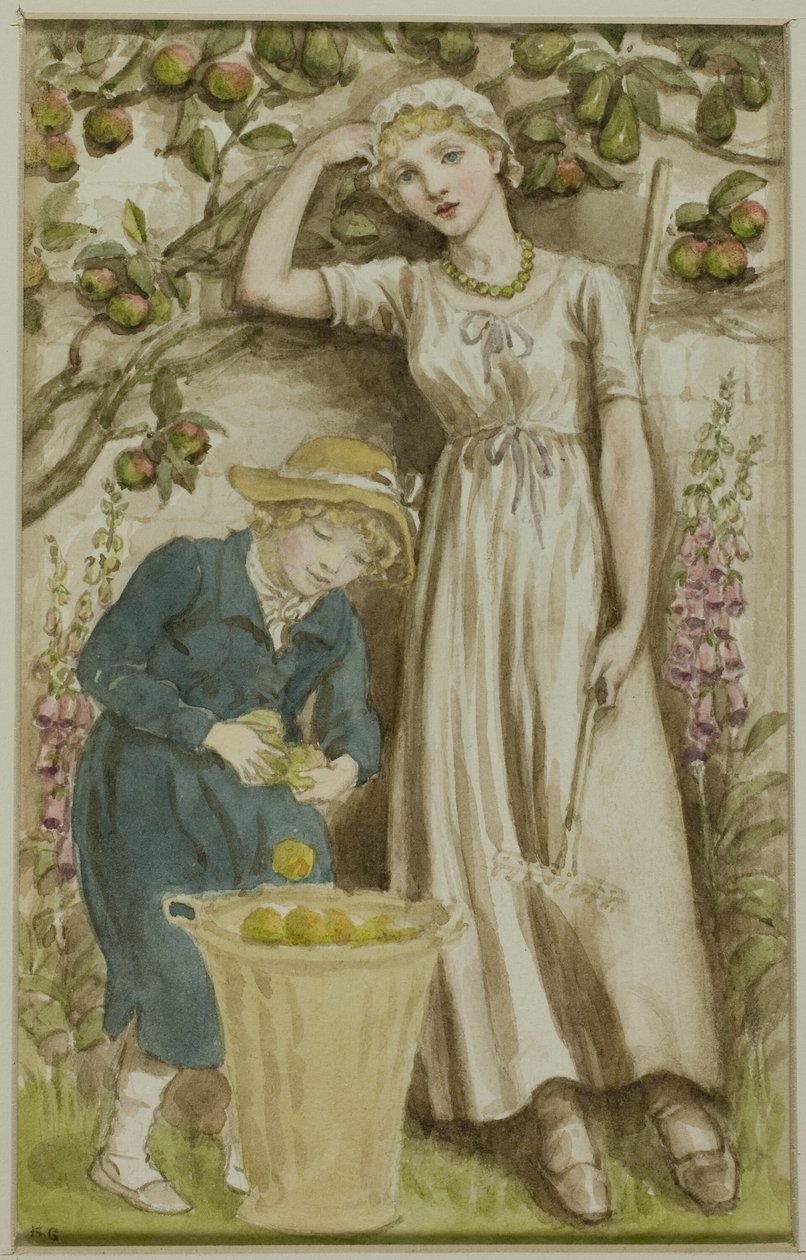 Dívka a chlapec sbírají jablka od Kate Greenaway