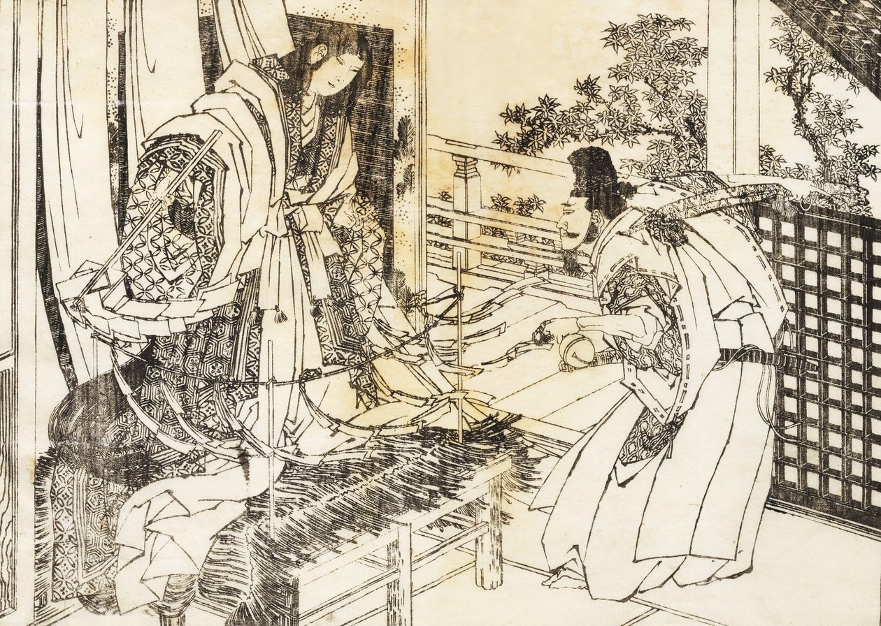 Žena v šintoistické svatyni má klacek se spoustou papírových listů od Katsushika Hokusai