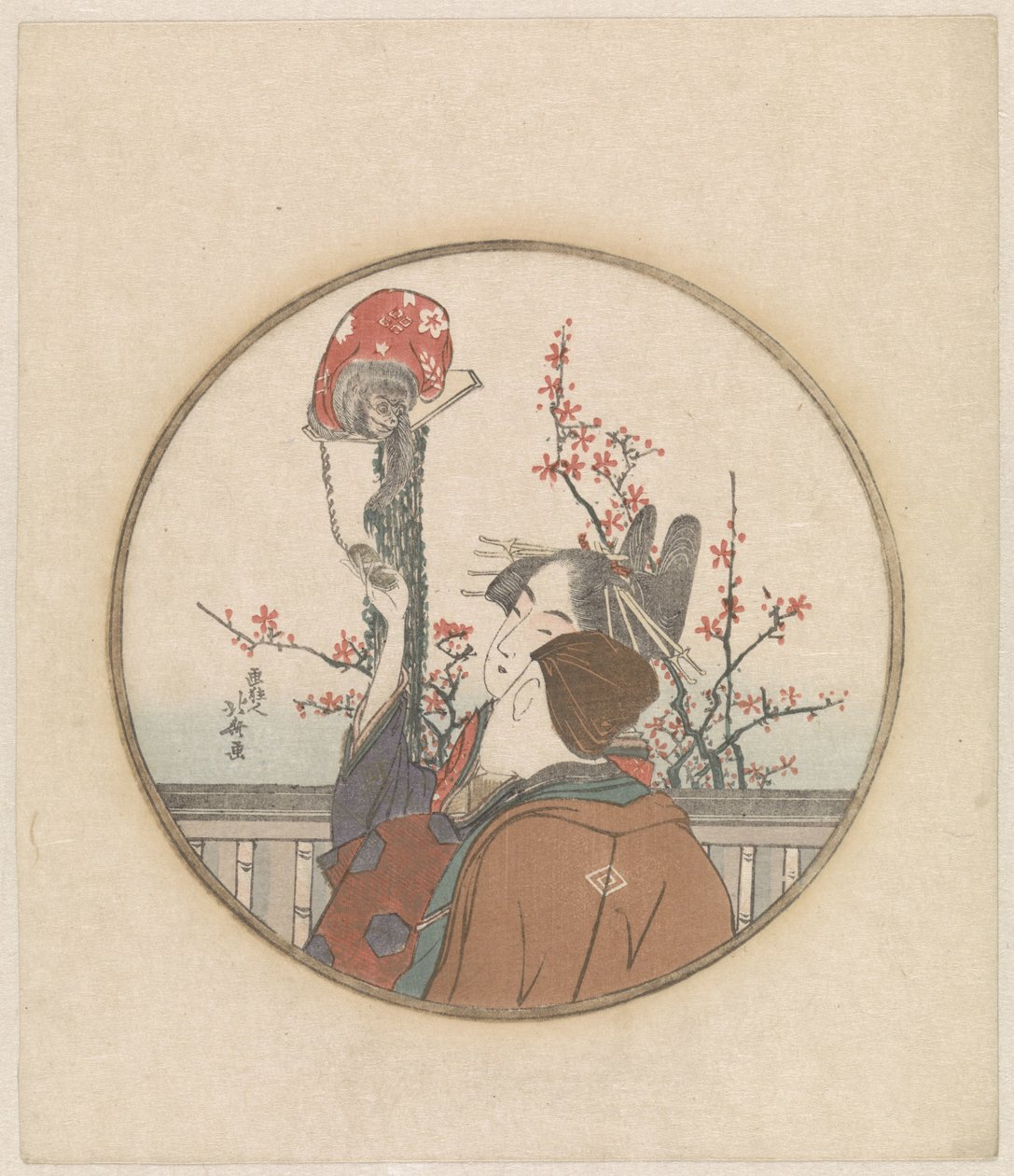Pár s opicí a květ větev od Katsushika Hokusai