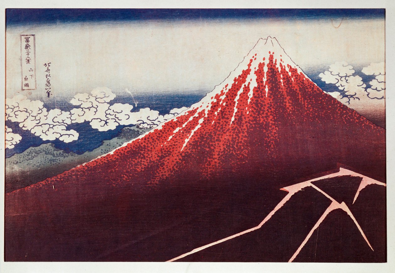 Blesk na hoře Fudžijama ... (barevný dřevoryt) od Katsushika Hokusai