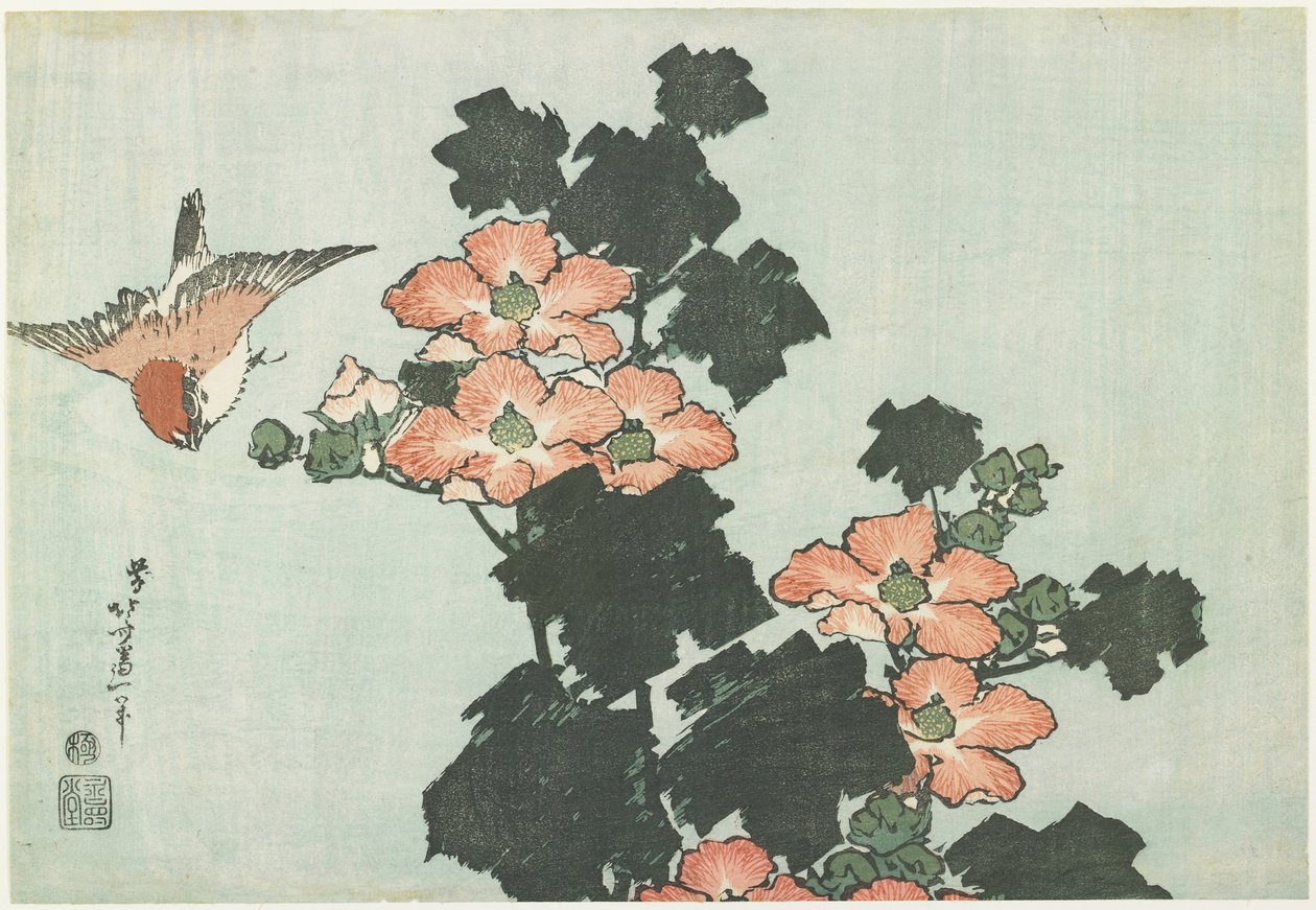 Rose Mallow and Sparrow, c. 1832 od Katsushika Hokusai