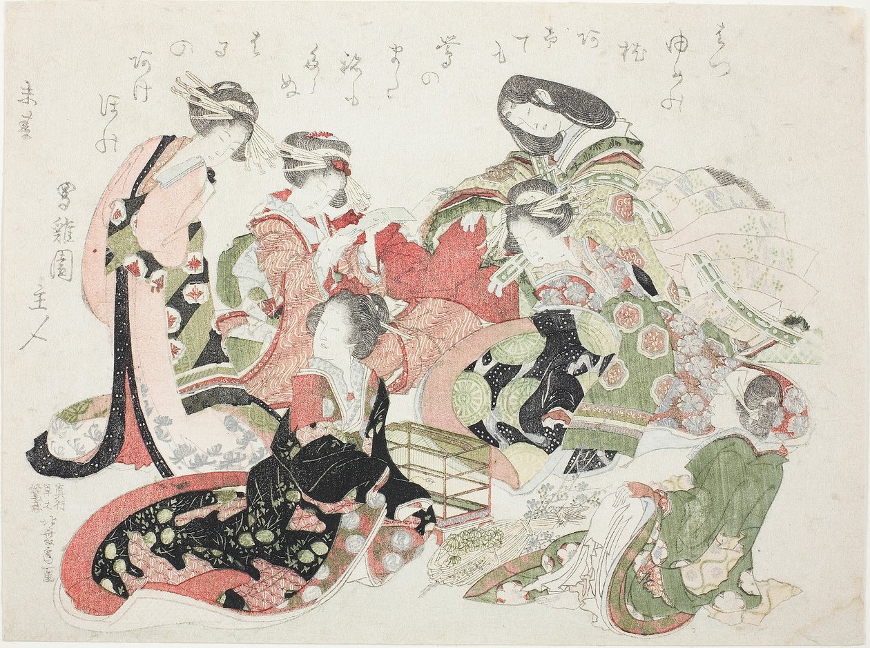 Šest žen sedělo kolem ptačí klece od Katsushika Hokusai