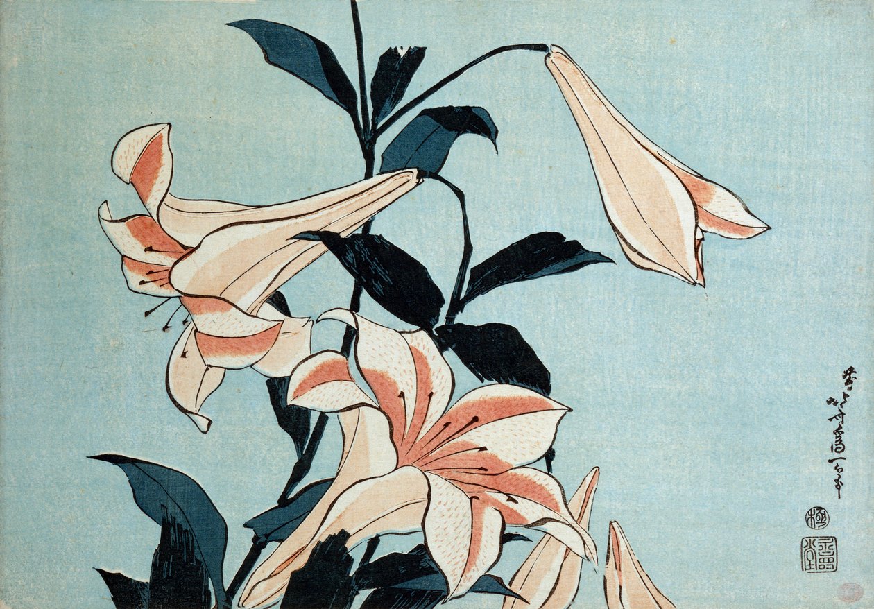 Trubkové lilie od Katsushika Hokusai