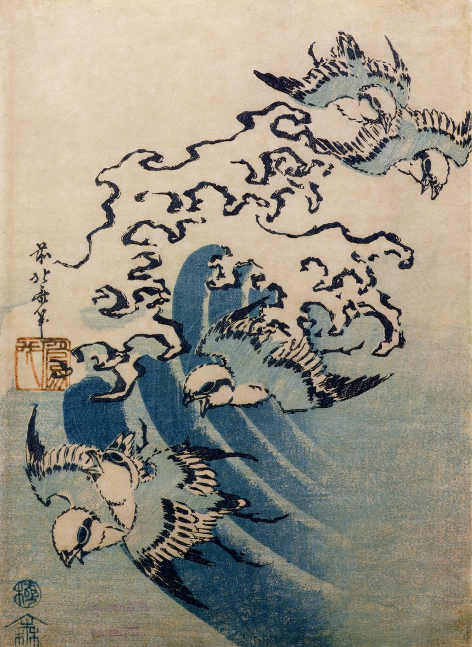 Waves and Birds, c.1825 (barevný dřevořez) od Katsushika Hokusai