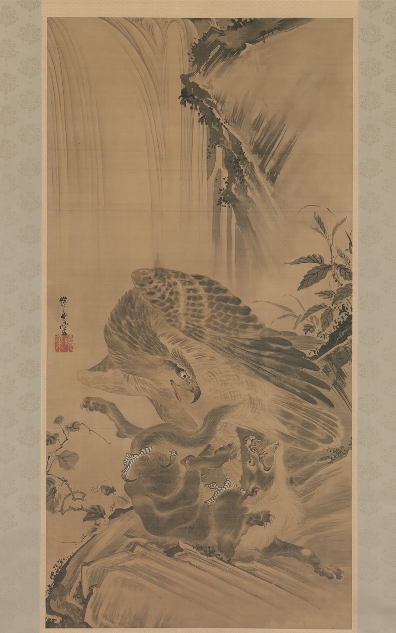 Orel útočí na horského lva, 1885. od Kawanabe Kyosai