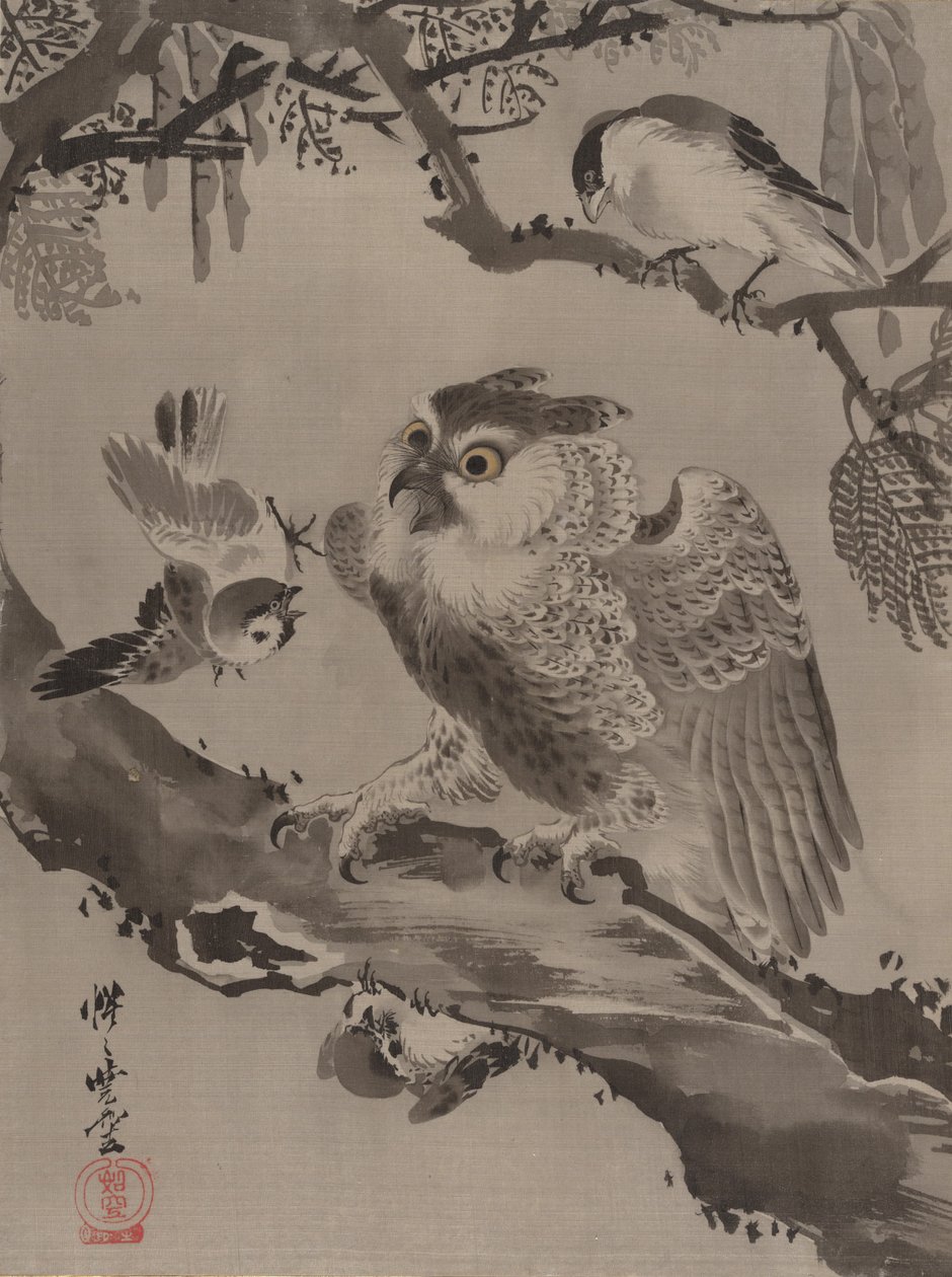 Sova zesměšňovaná malými ptáky, ca. 1887. od Kawanabe Kyosai